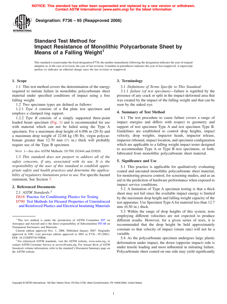 ASTM F736-95(2006) - Standard Test Method for Impact Resistance of Monolithic Polycarbonate Sheet by Means of a Falling Weight