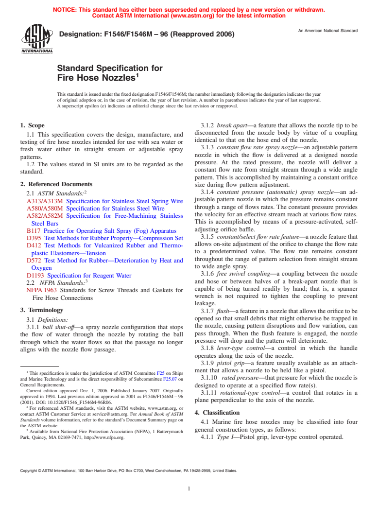 ASTM F1546/F1546M-96(2006) - Standard Specification for Fire Hose Nozzles