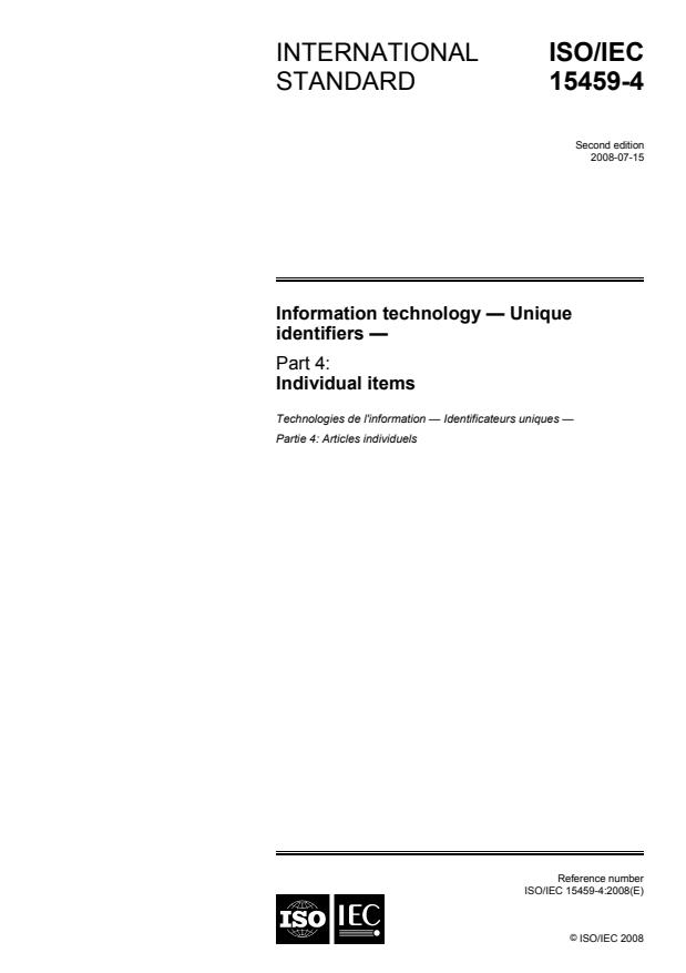 ISO/IEC 15459-4:2008 - Information technology -- Unique identifiers