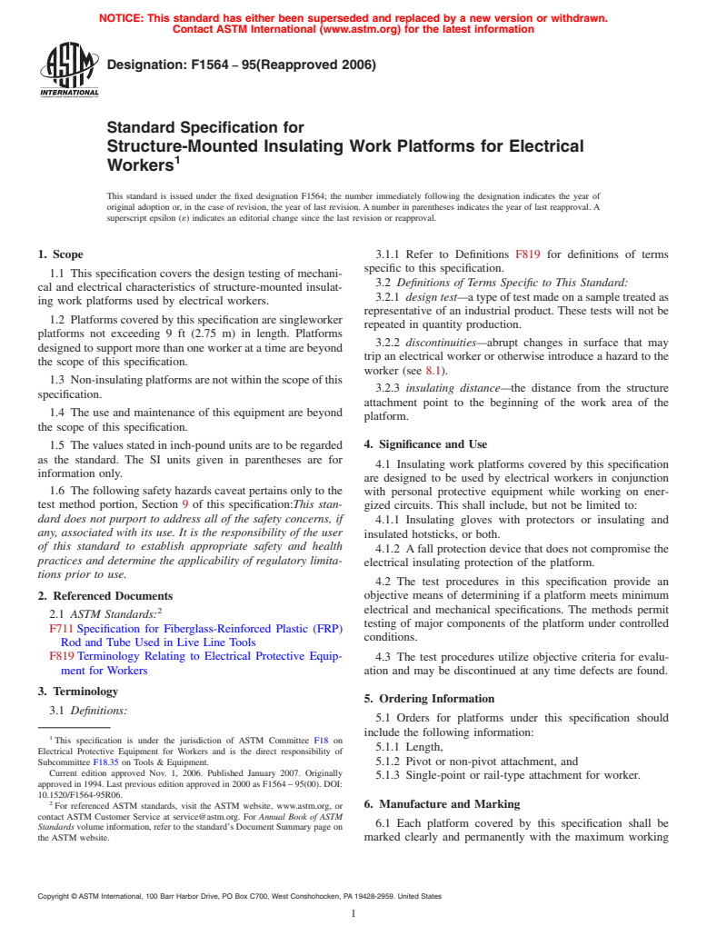 ASTM F1564-95(2006) - Standard Specification for Structure-Mounted Insulating Work Platforms for Electrical Workers