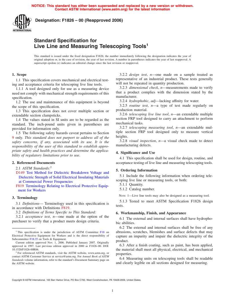 ASTM F1826-00(2006) - Standard Specification for Live Line and Measuring Telescoping Tools
