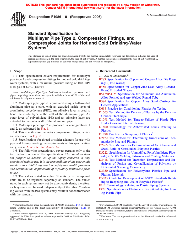 ASTM F1986-01(2006) - Standard Specification for Multilayer Pipe Type 2, Compression Fittings, and Compression Joints for Hot and Cold Drinking-Water Systems