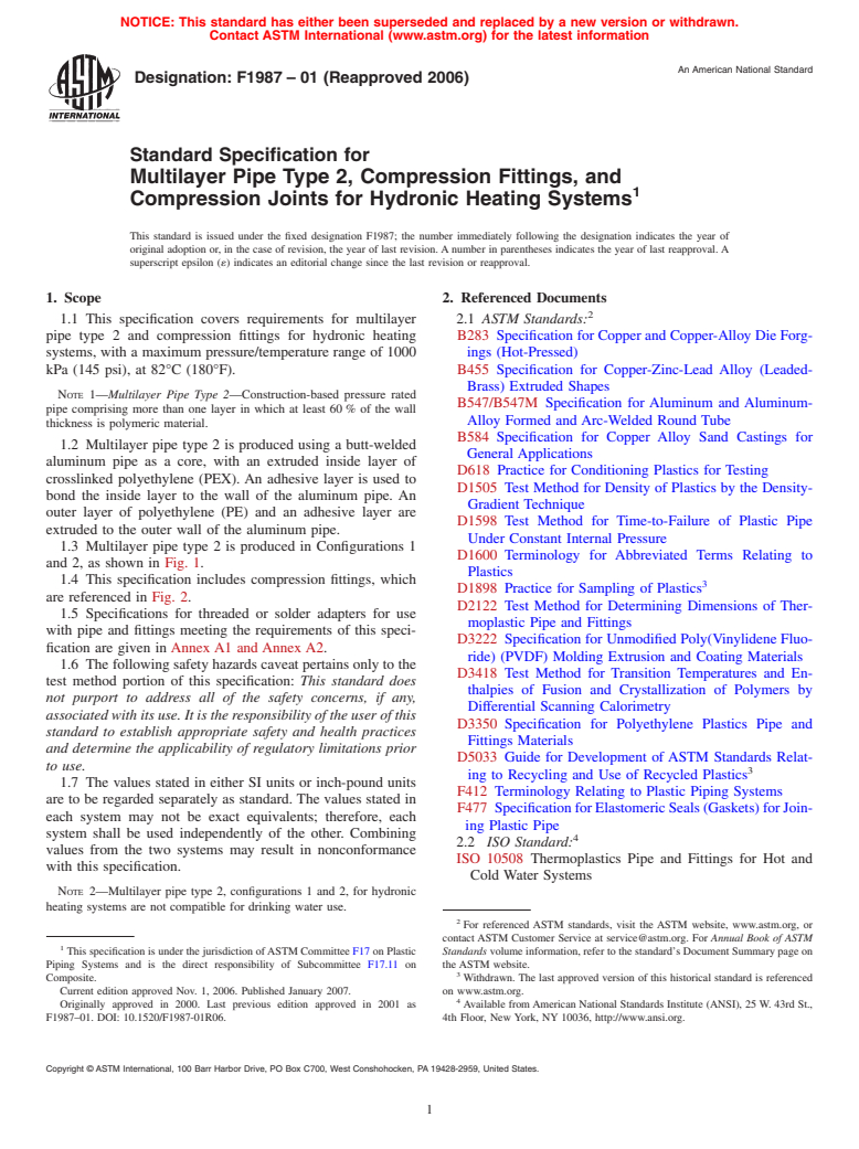 ASTM F1987-01(2006) - Standard Specification for Multilayer Pipe Type 2, Compression Fittings, and Compression Joints for Hydronic Heating Systems