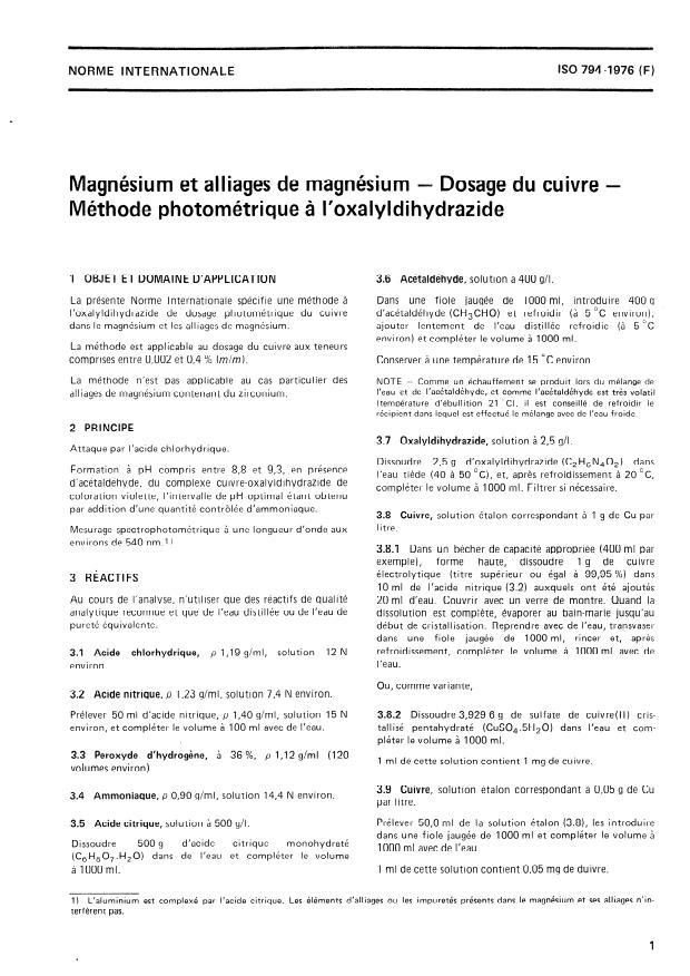 ISO 794:1976 - Magnésium et alliages de magnésium -- Dosage du cuivre -- Méthode photométrique a l'oxalyldihydrazide