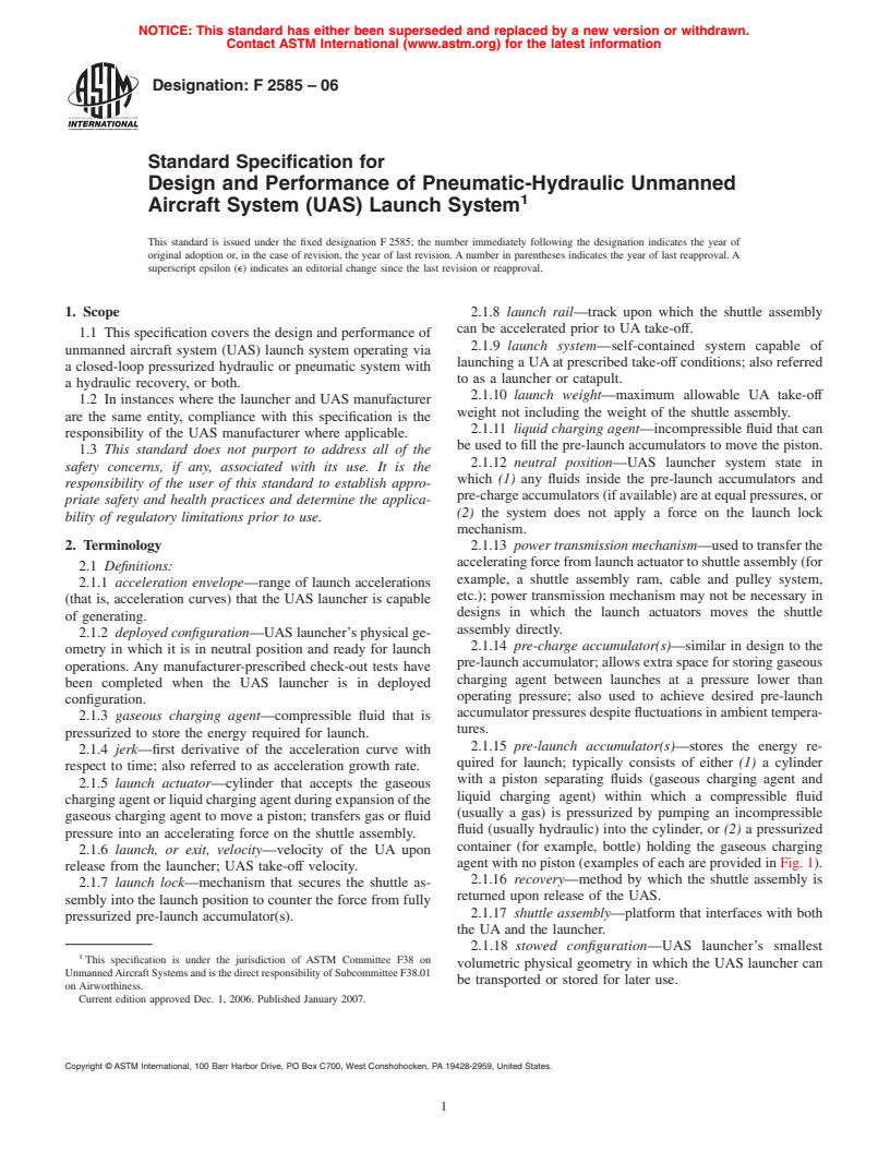 ASTM F2585-06 - Standard Specification for Design and Performance of Pneumatic-Hydraulic Unmanned Aircraft System (UAS) Launch System