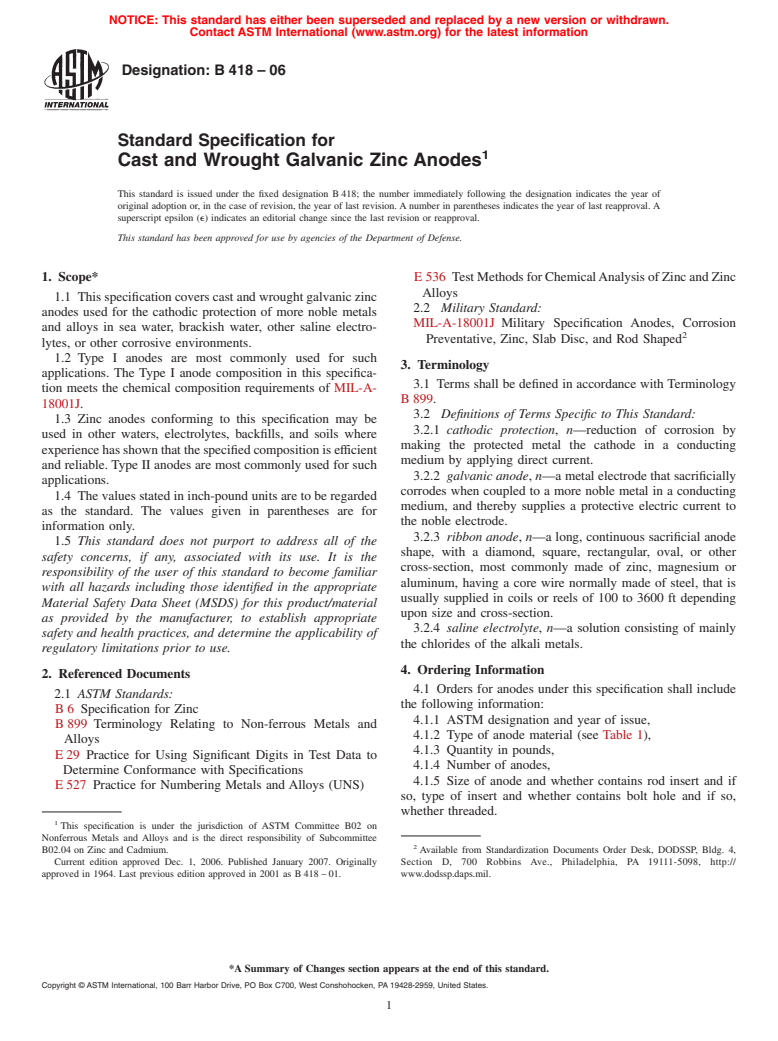 ASTM B418-06 - Standard Specification for Cast and Wrought Galvanic Zinc Anodes