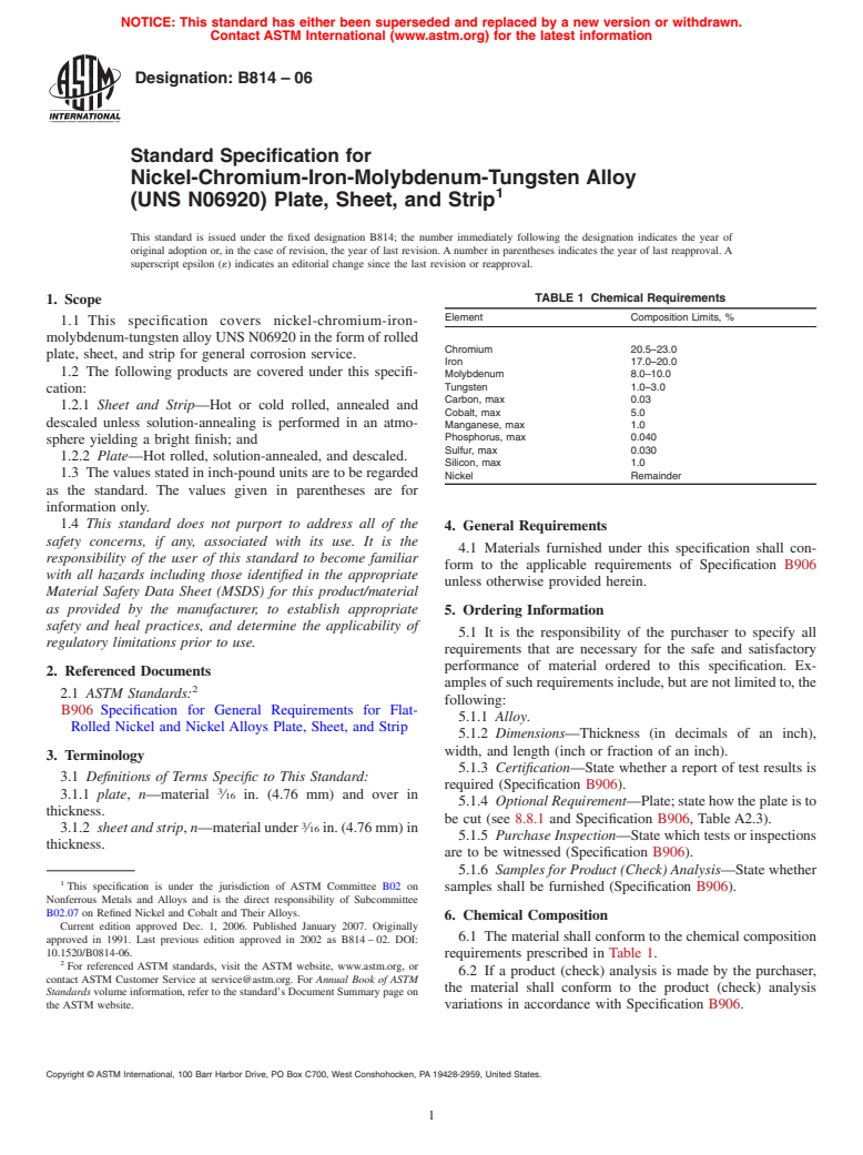 ASTM B814-06 - Standard Specification for Nickel-Chromium-Iron-Molybdenum-Tungsten Alloy (UNS N06920) Plate, Sheet, and Strip