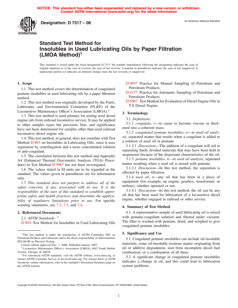 ASTM D7317-06 - Standard Test Method for Insolubles in Used Lubricating Oils by Paper Filtration (LMOA Method)