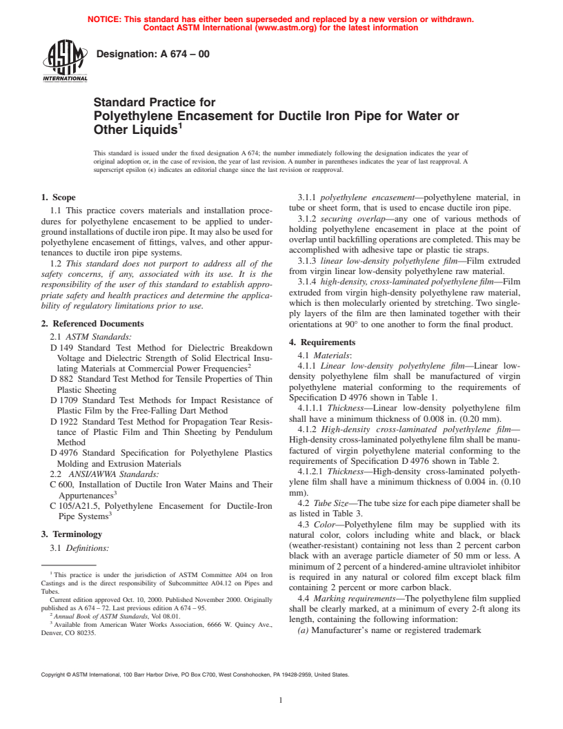 ASTM A674-00 - Standard Practice for Polyethylene Encasement for Ductile Iron Pipe for Water or Other Liquids