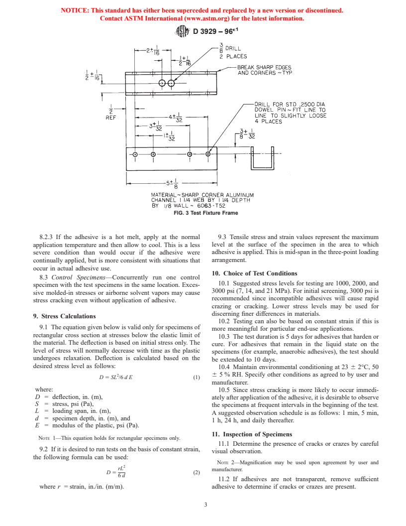 ASTM D3929-96e1 - Standard Test Method for Evaluating Stress Cracking of Plastics by Adhesives Using the Bent-Beam Method