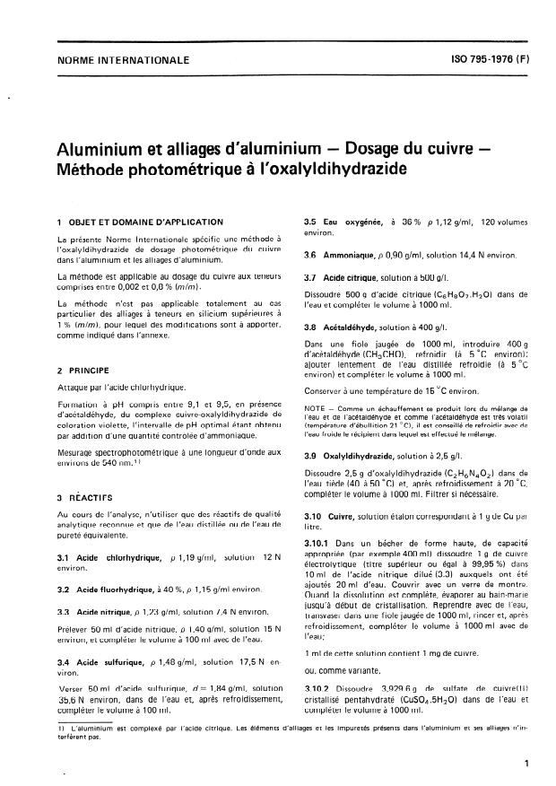 ISO 795:1976 - Aluminium et alliages d'aluminium -- Dosage du cuivre -- Méthode photométrique a l'oxalyldihydrazide