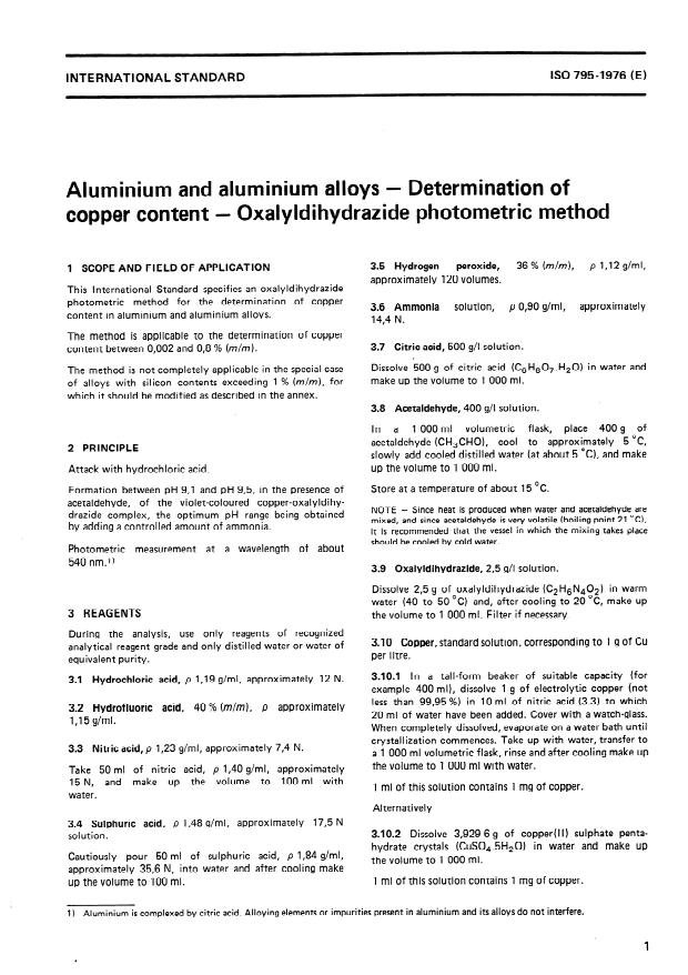 ISO 795:1976 - Aluminium and aluminium alloys -- Determination of copper content -- Oxalyldihydrazide photometric method
