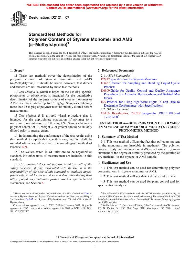 ASTM D2121-07 - Standard Test Methods for Polymer Content of Styrene Monomer and AMS (alpha-Methylstyrene)