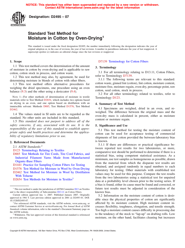 ASTM D2495-07 - Standard Test Method for Moisture in Cotton by Oven-Drying