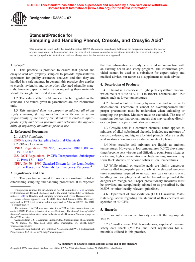 ASTM D3852-07 - Standard Practice for Sampling and Handling Phenol, Cresols, and Cresylic Acid