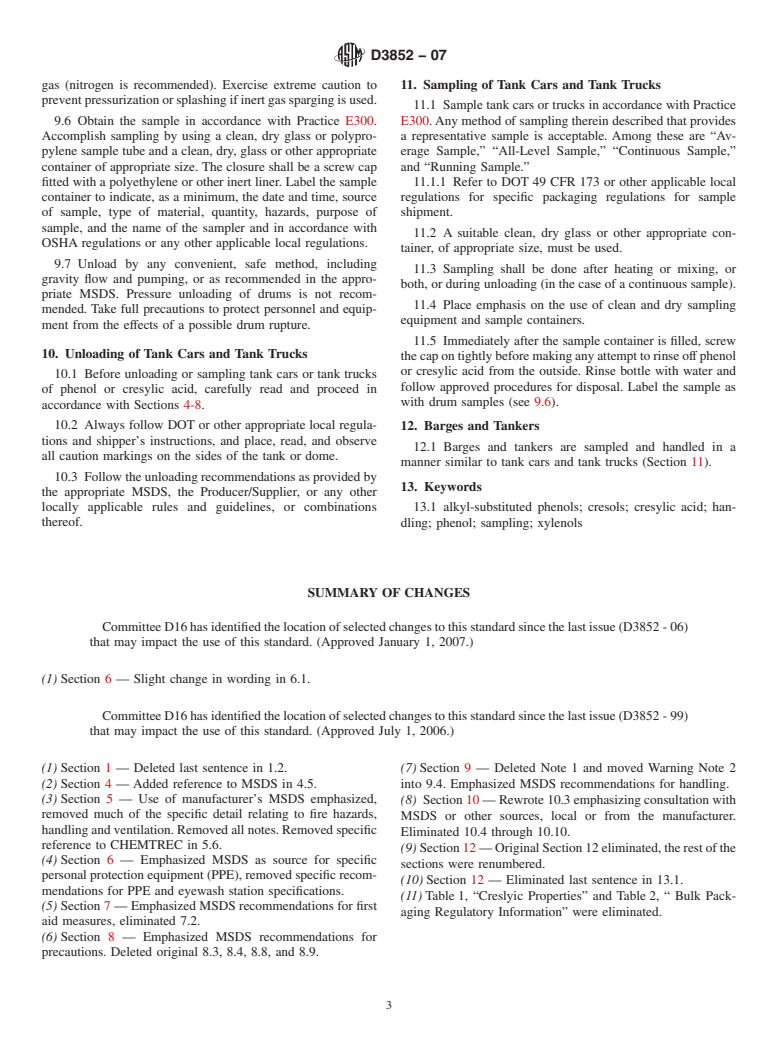 ASTM D3852-07 - Standard Practice for Sampling and Handling Phenol, Cresols, and Cresylic Acid