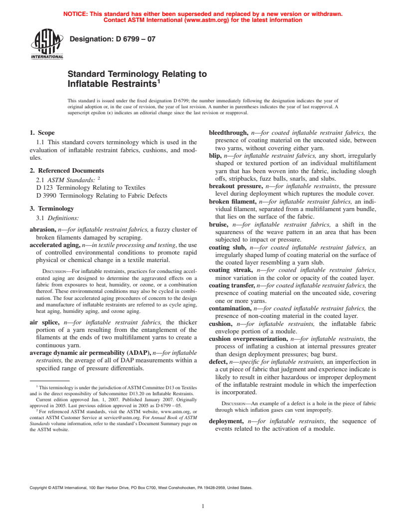 ASTM D6799-07 - Standard Terminology Relating to Inflatable Restraints