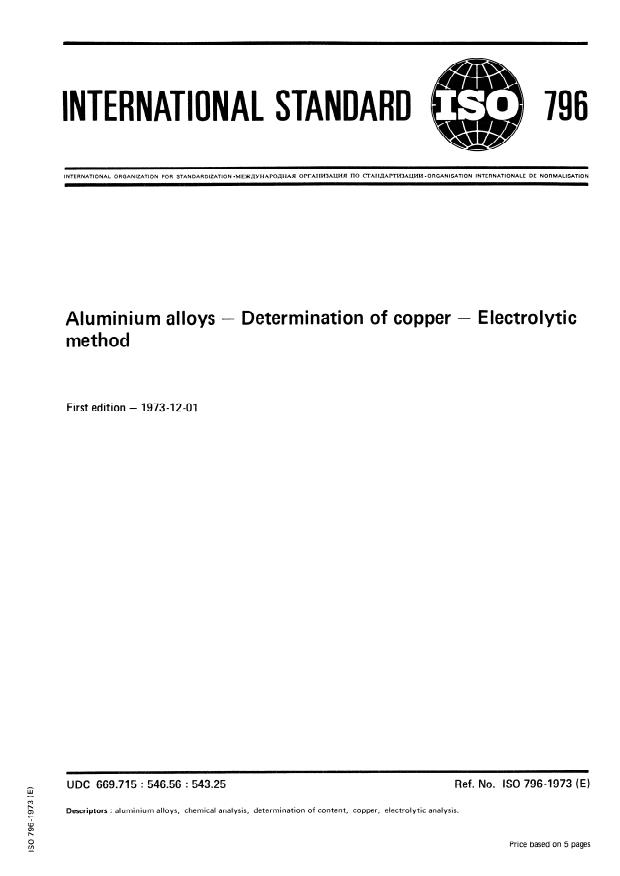 ISO 796:1973 - Aluminium Alloys Copper Determination Electrolytic