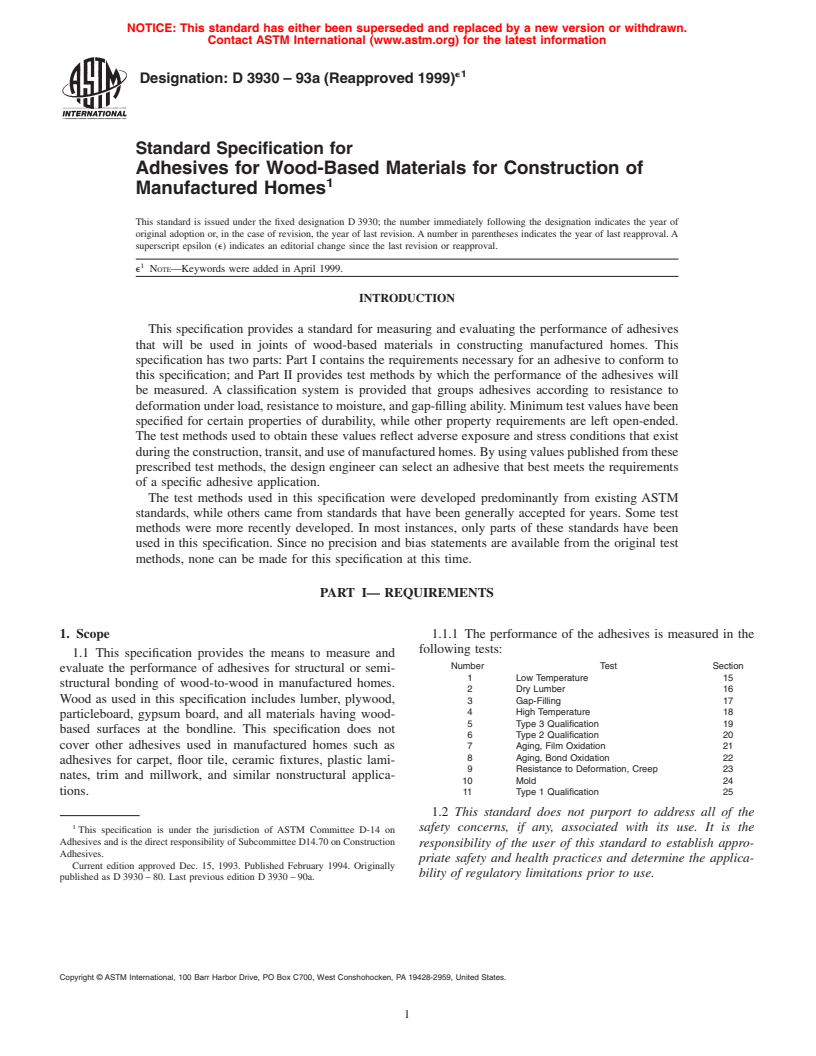 ASTM D3930-93a(1999)e1 - Standard Specification for Adhesives for Wood-Based Materials for Construction of Manufactured Homes