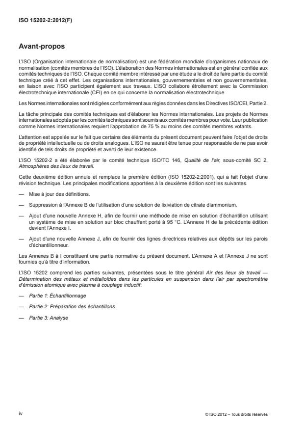 ISO 15202-2:2012 ISO 15202-2:2012 - Air des lieux de travail -- Détermination des métaux et métalloides dans les particules en suspension dans l'air par spectrométrie d'émission atomique avec plasma a couplage inductif - Page 4 preview