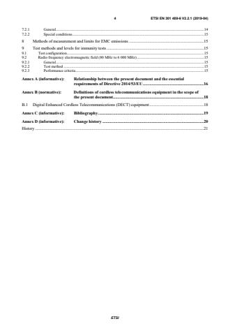 SIST EN 301 489-6 V2.2.1:2019 ETSI EN 301 489-6 V2.2.1 (2019-04) - ElectroMagnetic Compatibility (EMC) standard for radio equipment and services; Part 6: Specific conditions for Digital Enhanced Cordless Telecommunications (DECT) equipment; Harmonised Standard covering the essential requirements of article 3.1(b) of Directive 2014/53/EU - Page 4 preview