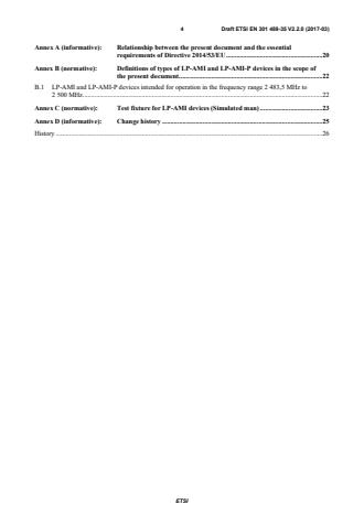 SIST EN 301 489-35 V2.2.1:2019 ETSI EN 301 489-35 V2.2.0 (2017-03) - ElectroMagnetic Compatibility (EMC) standard for radio equipment and services; Part 35: Specific requirements for Low Power Active Medical Implants (LP-AMI) operating in the 2 483,5 MHz to 2 500 MHz bands; Harmonised Standard covering the essential requirements of article 3.1(b) of Directive 2014/53/EU - Page 4 preview