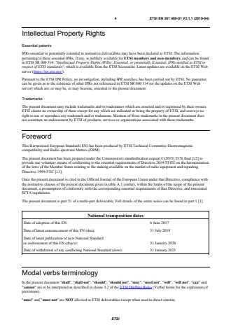 SIST EN 301 489-51 V2.1.1:2019 ETSI EN 301 489-51 V2.1.1 (2019-04) - ElectroMagnetic Compatibility (EMC) standard for radio equipment and services; Part 51: Specific conditions for Automotive, Ground based Vehicles and Surveillance Radar Devices using 24,05 GHz to 24,25 GHz, 24,05 GHz to 24,5 GHz, 76 GHz to 77 GHz and 77 GHz to 81 GHz; Harmonised Standard covering the essential requirements of article 3.1(b) of Directive 2014/53/EU - Page 4 preview