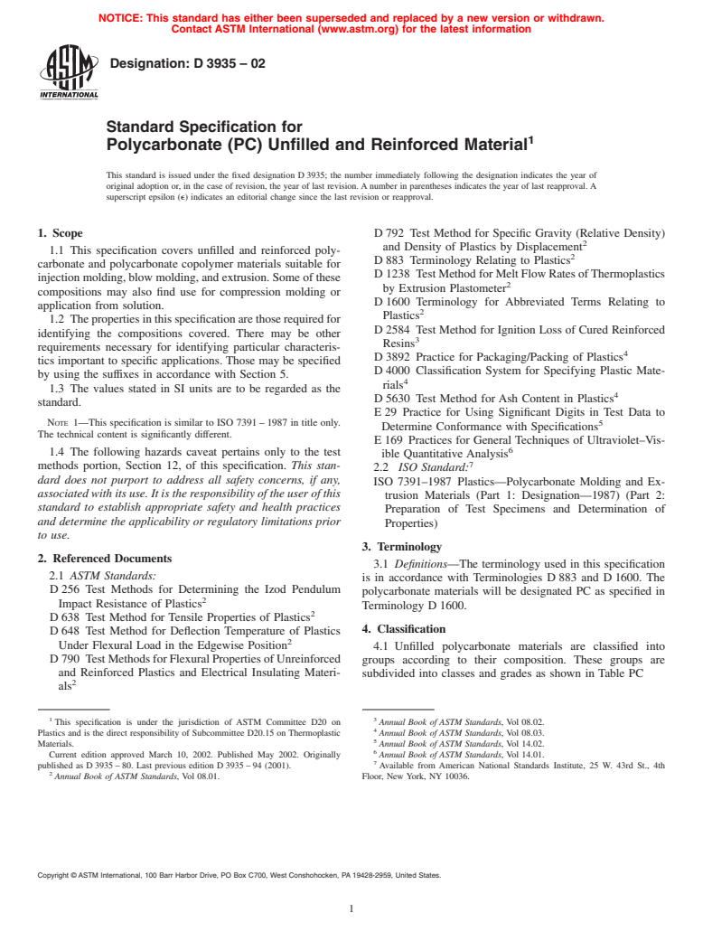 ASTM D3935-02 - Standard Specification for Polycarbonate (PC) Unfilled and Reinforced Material