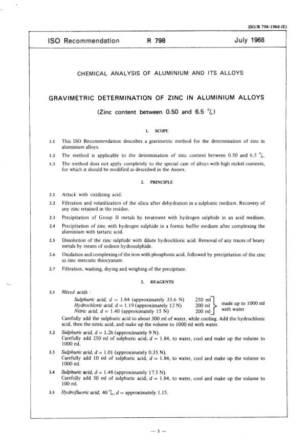 ISO/R 798:1968 - Chemical analysis of aluminium and its alloys -- Gravimetric determination of zinc in aluminium alloys (zinc content between 0.50 and 6.5 %)