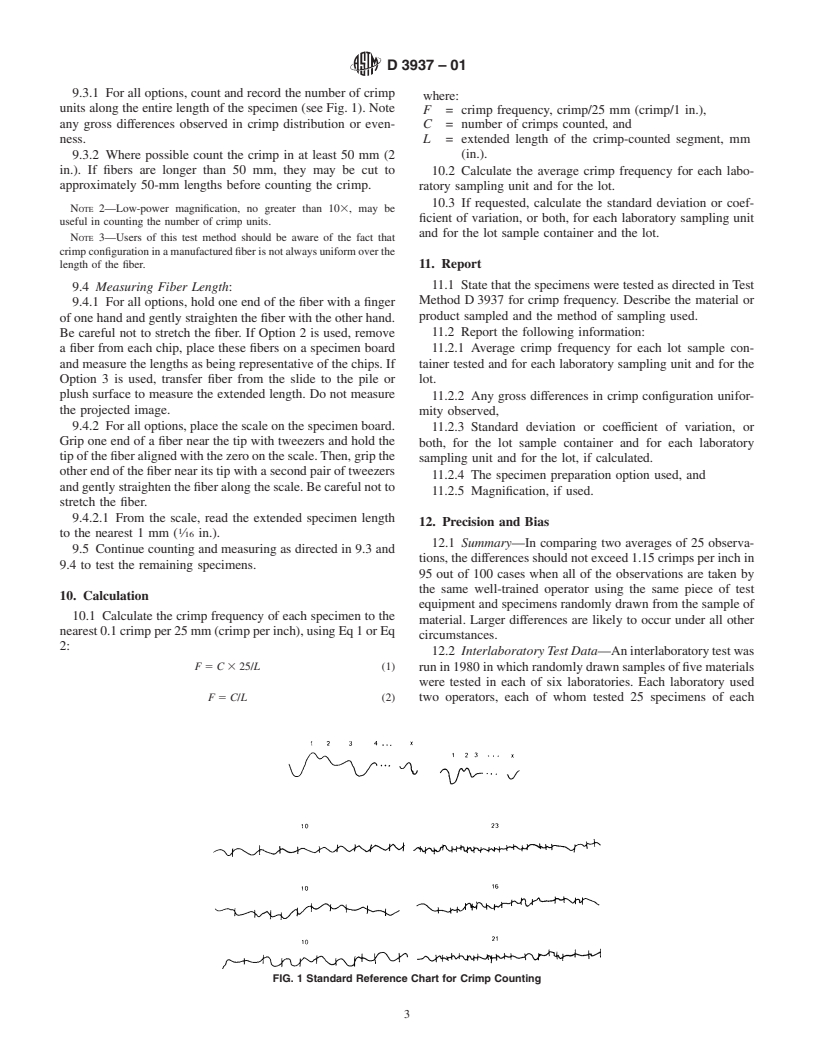 ASTM D3937-01 - Standard Test Method for Crimp Frequency of Manufactured Staple Fibers