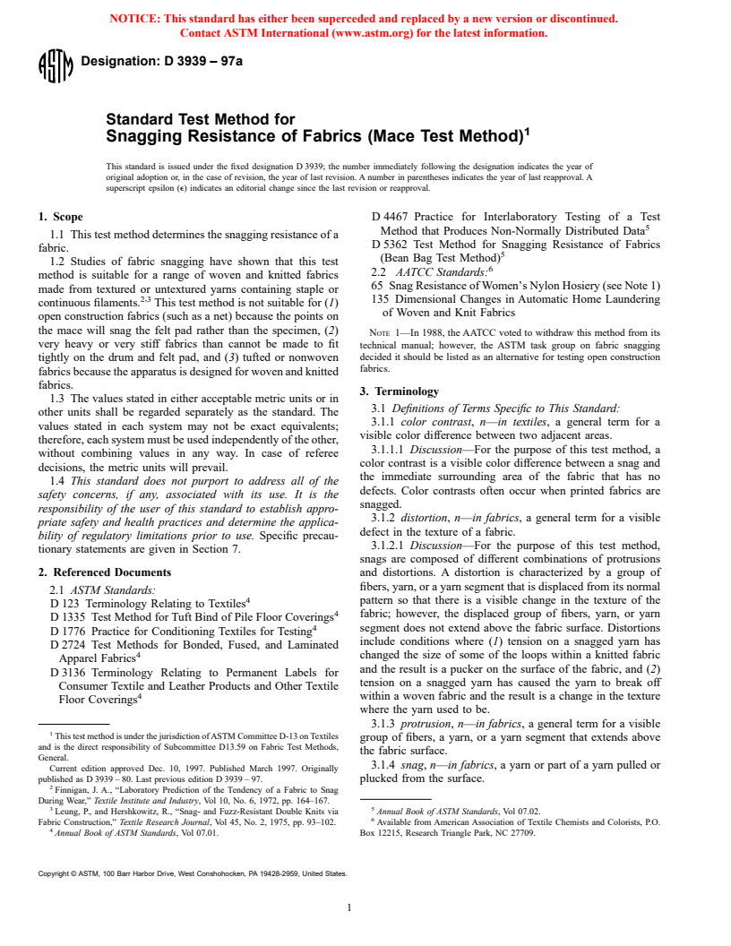 ASTM D3939-97a - Standard Test Method for Snagging Resistance of Fabrics (Mace Test Method)