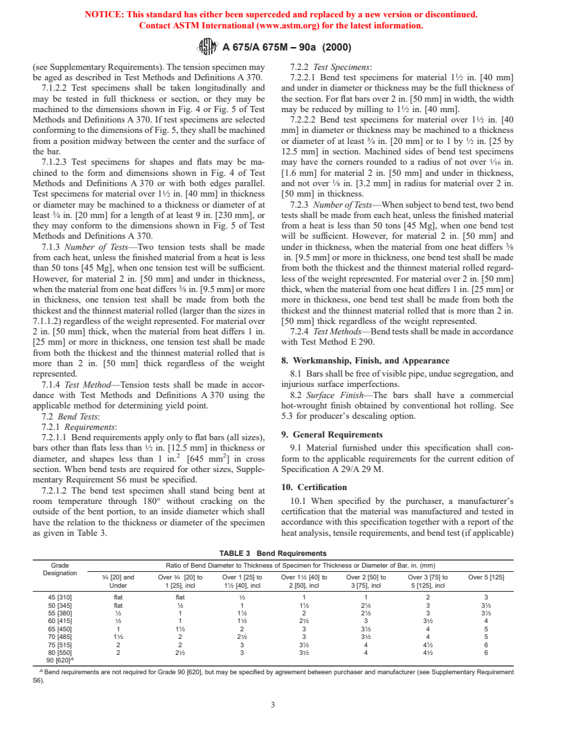 ASTM A675/A675M-90a(2000) - Standard Specification for Steel Bars, Carbon, Hot-Wrought, Special Quality, Mechanical Properties