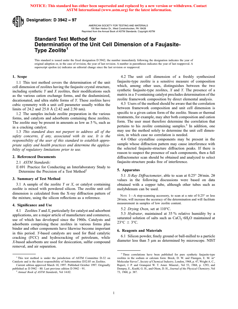 ASTM D3942-97 - Standard Test Method for Determination of the Unit Cell Dimension of a Faujasite-Type Zeolite