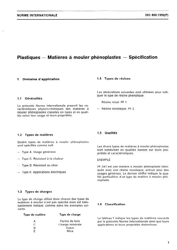 ISO 800:1992 - Plastiques -- Matieres a mouler phénoplastes -- Spécification