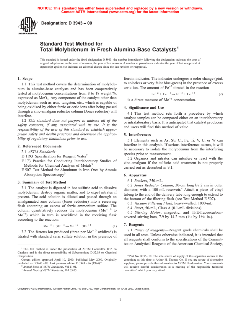 ASTM D3943-00 - Standard Test Method for Total Molybdenum in Fresh Alumina-Base Catalysts