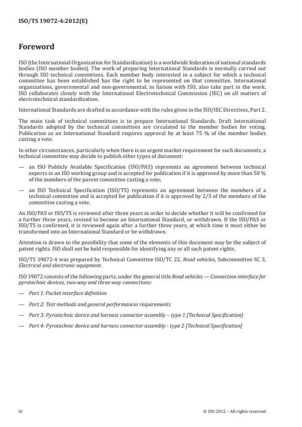 ISO/TS 19072-4:2012 ISO/TS 19072-4:2012 - Road vehicles -- Connection interface for pyrotechnic devices, two-way and three-way connections - Page 4 preview
