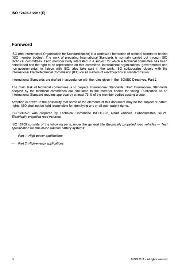 ISO 12405-1:2011 ISO 12405-1:2011 - Electrically propelled road vehicles -- Test specification for lithium-ion traction battery packs and systems - Page 4 preview
