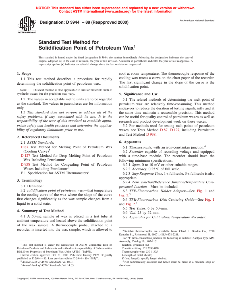 ASTM D3944-88(2000) - Standard Test Method for Solidification Point of Petroleum Wax