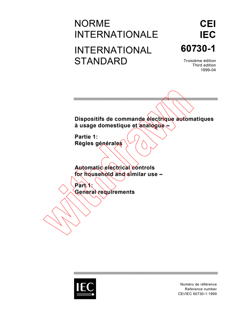 IEC 60730-1:1999 - Automatic electrical controls for household and similar use - Part 1: General requirements
Released:4/30/1999
Isbn:2831846676