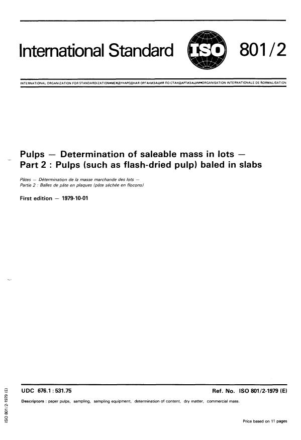 ISO 801-2:1979 - Pulps -- Determination of saleable mass in lots
