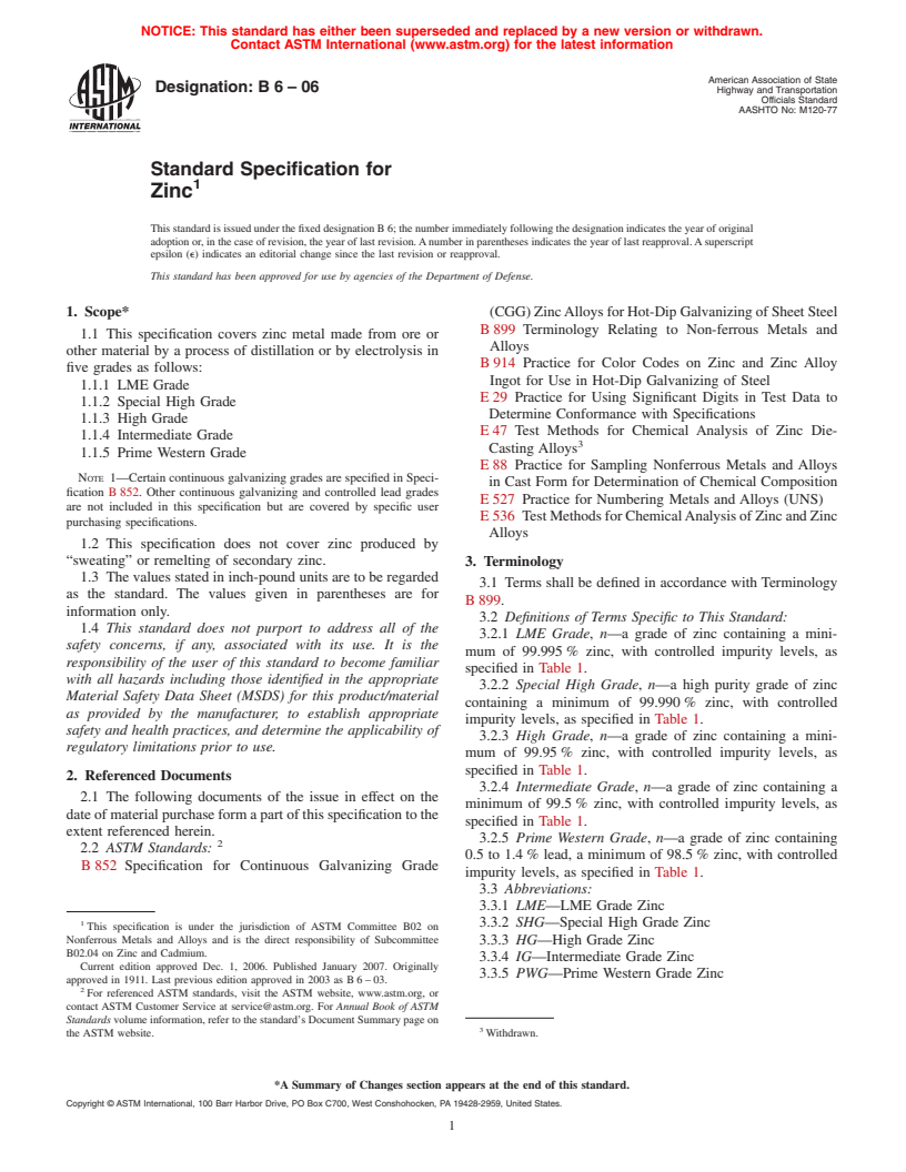 ASTM B6-06 - Standard Specification for Zinc