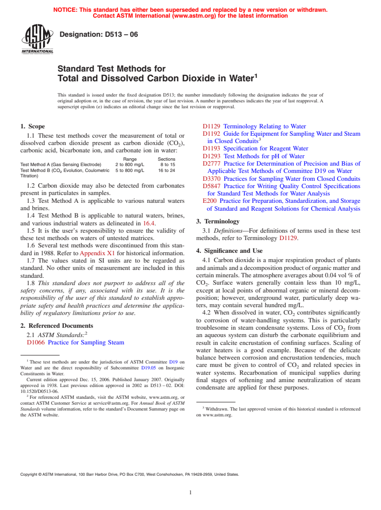 ASTM D513-06 - Standard Test Methods for Total and Dissolved Carbon Dioxide in Water