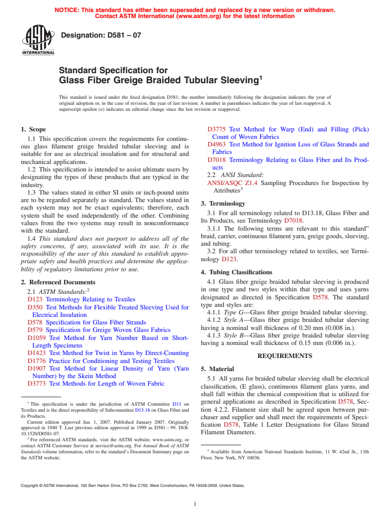 ASTM D581-07 - Standard Specification for Glass Fiber Greige Braided Tubular Sleeving