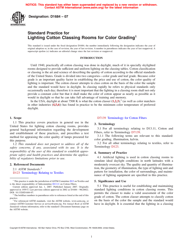 ASTM D1684-07 - Standard Practice for Lighting Cotton Classing Rooms for Color Grading