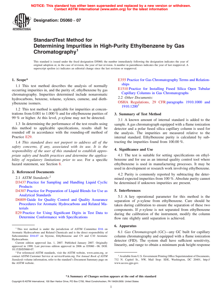 ASTM D5060-07 - Standard Test Method for Determining Impurities in High-Purity Ethylbenzene by Gas Chromatography