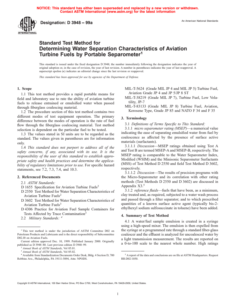 ASTM D3948-99a - Standard Test Method for Determining Water Separation Characteristics of Aviation Turbine Fuels by Portable Separometer