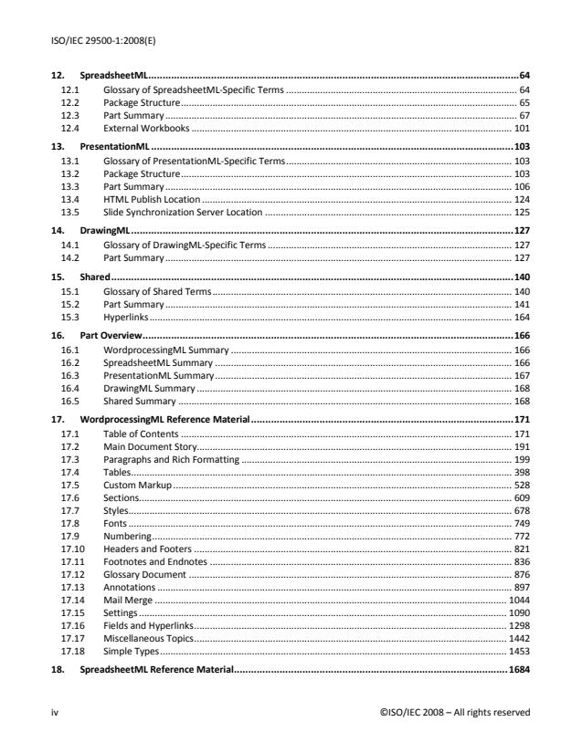 ISO/IEC 29500-1:2008 ISO/IEC 29500-1:2008 - Information technology -- Document description and processing languages -- Office Open XML File Formats - Page 4 preview