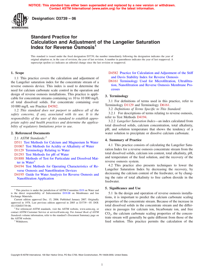 ASTM D3739-06 - Standard Practice for Calculation and Adjustment of the Langelier Saturation Index for Reverse Osmosis