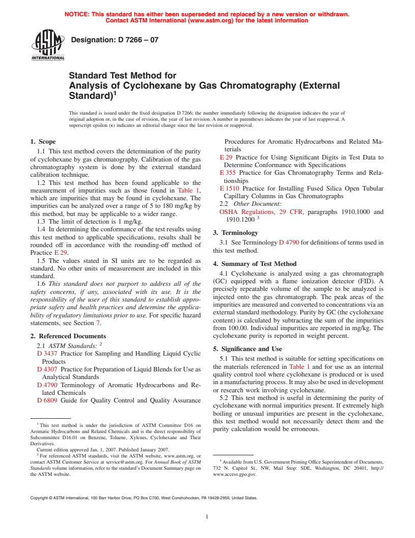 ASTM D7266-07 - Standard Test Method for Analysis of Cyclohexane by Gas Chromatography (External Standard)