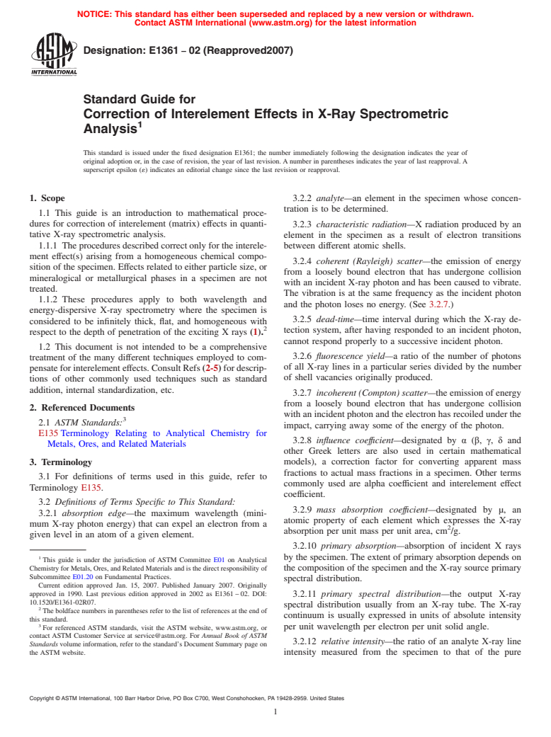 ASTM E1361-02(2007) - Standard Guide for Correction of Interelement Effects in X-Ray Spectrometric Analysis